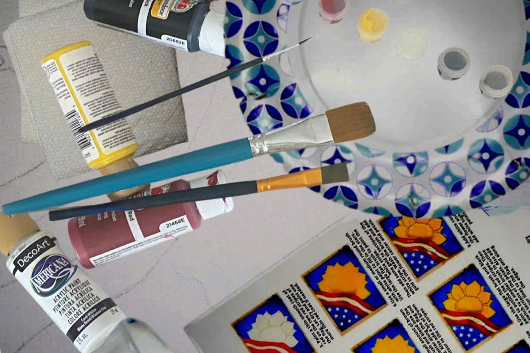 Art supplies including paint, brushes, and a palette with text promoting take-home kits.
