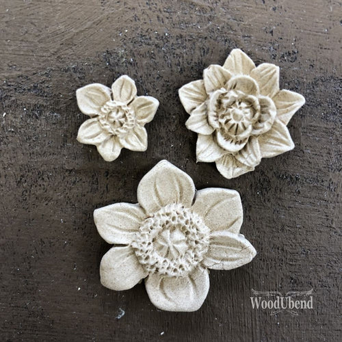 Woodubend Decorative Flower Set 3 Pieces WUB0464 Furniture Moulding Applique 3.5x2.9cms Woodubend